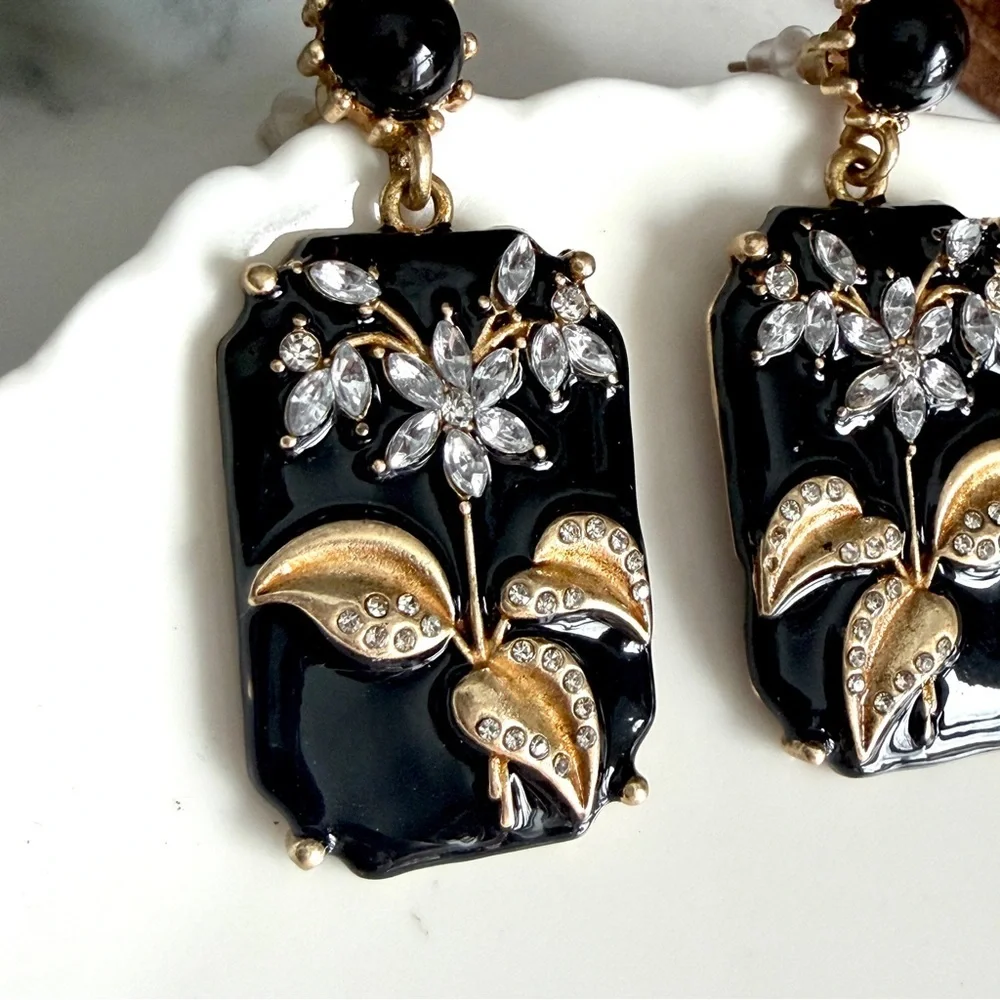Vintage Style Black Enamel Floral Earrings Rhinestone Floral Ornate Art Deco NEW